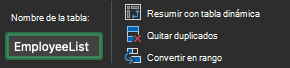 Campo Nombre de tabla en Excel para Mac