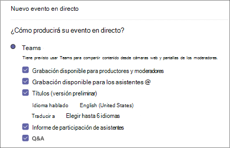 Cuadro de diálogo para seleccionar la opción control de calidad para el evento en directo de Teams al programar un evento.