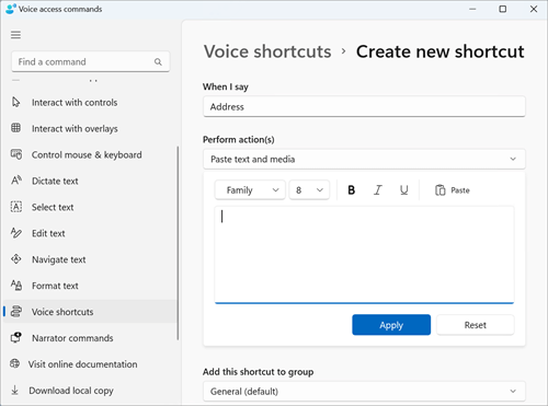 Cree una nueva página de acceso directo con el método abreviado de teclado denominado Dirección. El tipo de acción se selecciona como Pegar texto y elementos multimedia. Se abrirá un cuadro de edición para escribir la dirección después de seleccionar el tipo de acción como pegar texto y elementos multimedia.