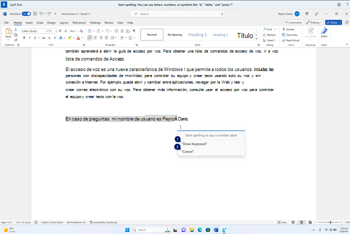 La ventana Ortografía está flotando en la parte superior de la aplicación Word, con un cuadro de texto vacío y opciones para mostrar el teclado o cancelar con etiquetas numéricas.
