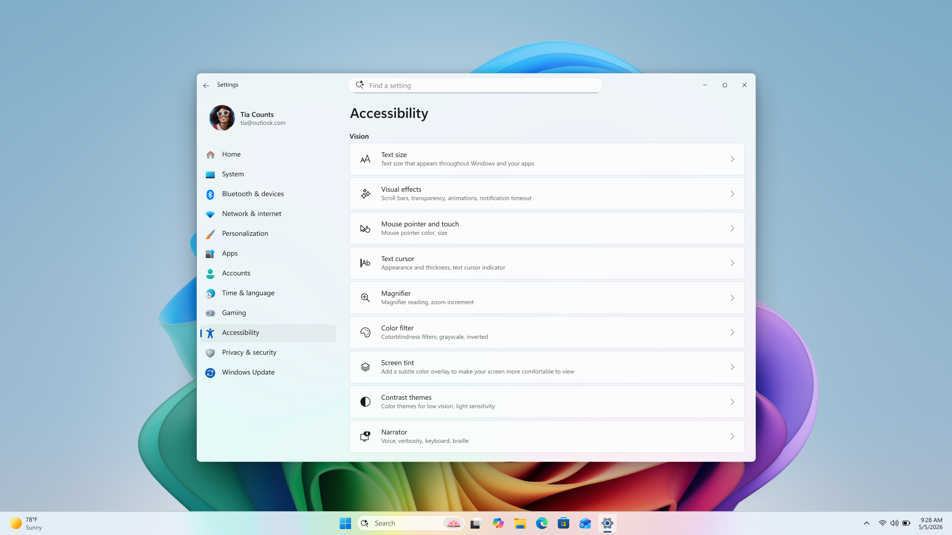 Captura de pantalla del menú de configuración de Windows que muestra la accesibilidad, la personalización y la configuración de preferencias del sistema.