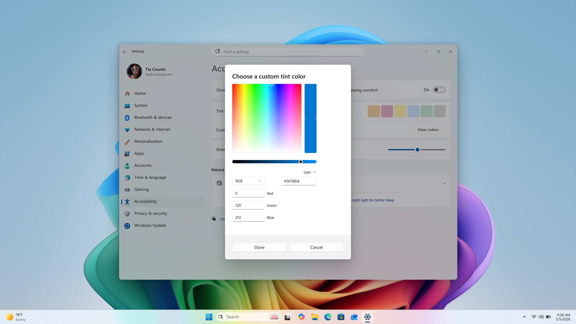 Captura de pantalla que muestra la característica de paleta de colores de Configuración de Windows para personalizar los colores del tono de pantalla.