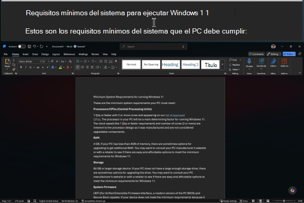 Captura de pantalla que muestra la vista acoplada: una franja ampliada está anclada en el borde superior de la pantalla y muestra texto ampliado, mientras que la aplicación de abajo se mantiene en tamaño normal.