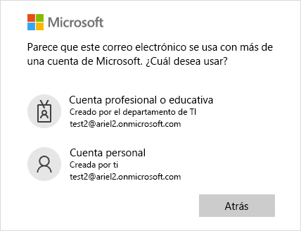 Pantalla de inicio de sesión con dos direcciones de correo electrónico