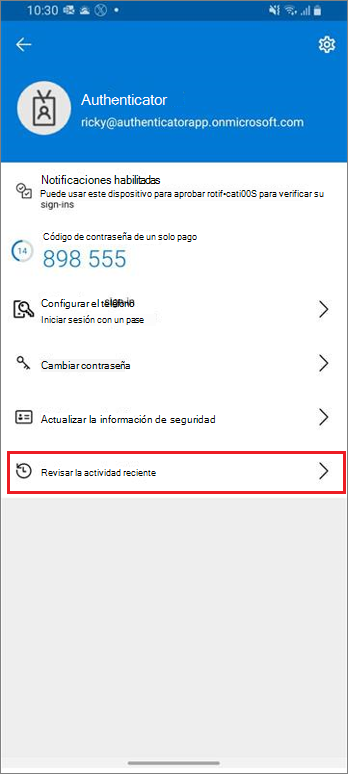Página principal de la cuenta profesional o educativa, en la que se muestra el vínculo resaltado de actividad de inicio de sesión reciente