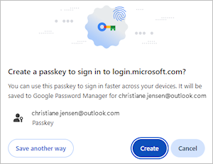 Captura de pantalla que muestra el cuadro de diálogo en Google Chrome para guardar la clave de paso de la cuenta de Microsoft para la pestaña de la cuenta de Microsoft.