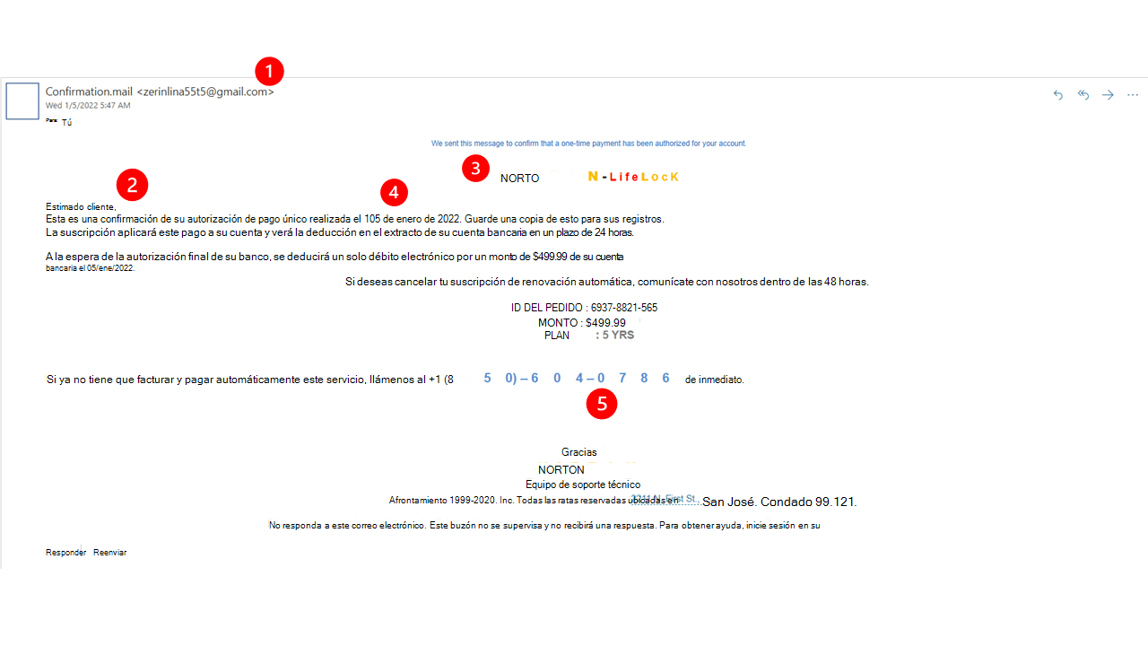 Un ejemplo de un correo electrónico fraudulento que se hace pasar por Norton.