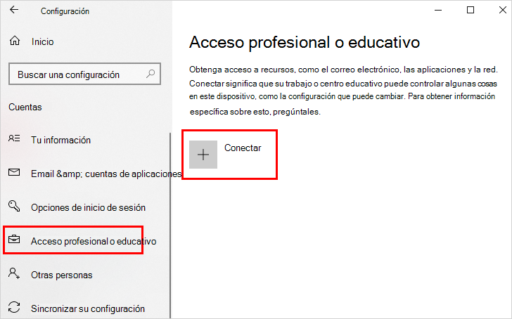 Vínculos Obtener acceso a trabajo o escuela y Conectar
