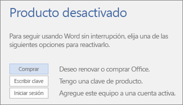 Captura de pantalla que muestra el mensaje de error Producto desactivado