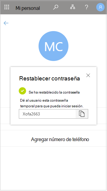 Copia de la contraseña de usuario temporal después de un restablecimiento en Mi personal