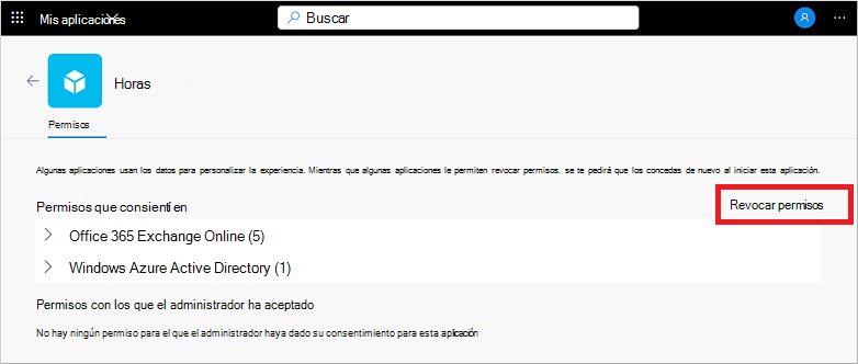 Revocación de los permisos para una aplicación en el portal Aplicaciones