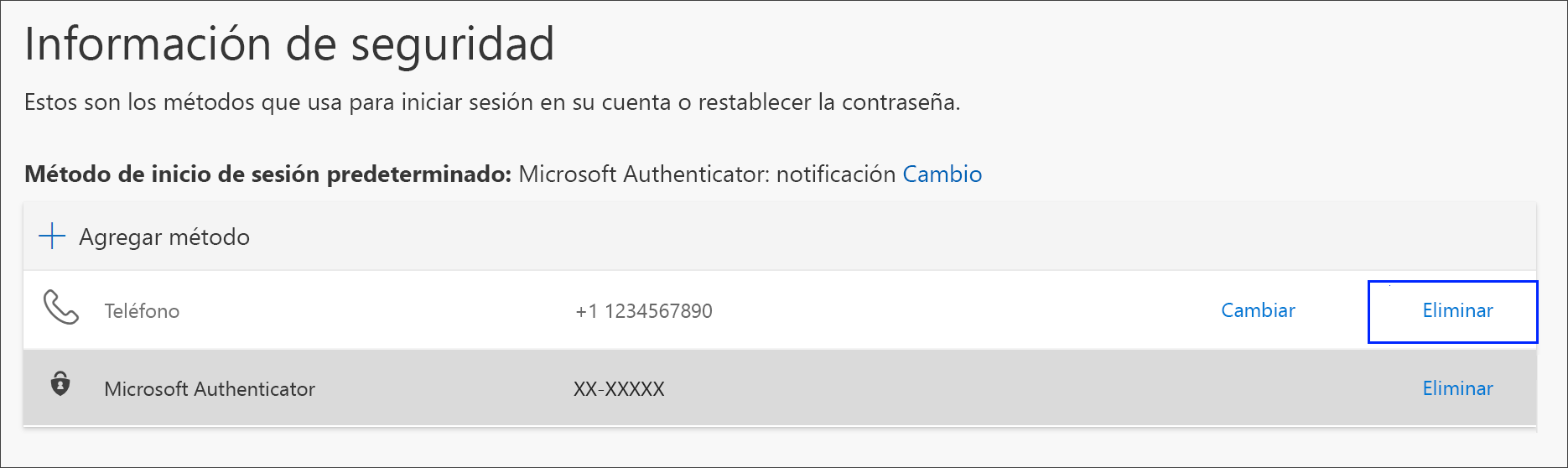 Vínculo para eliminar el método del teléfono de la información de seguridad