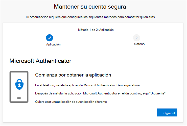 Asistente Mantener la cuenta segura, que muestra la página de descarga de la aplicación Authenticator
