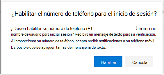 Cuadro de diálogo de confirmación para habilitar el inicio de sesión mediante SMS en un número de teléfono