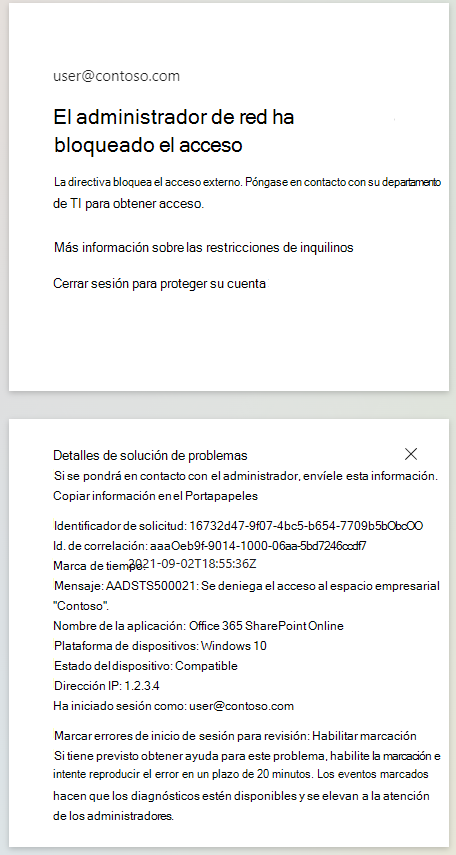 Una página de inicio de sesión con un aviso de que se aplican restricciones de inquilino