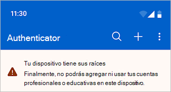 Captura de pantalla que muestra Microsoft Authenticator con un mensaje de advertencia.