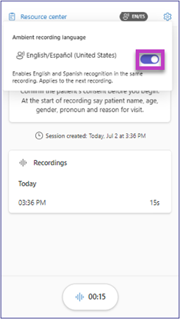 Image highlights radio button which enables English or Spanish recording language