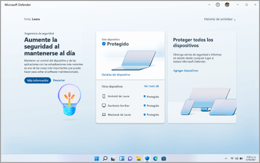 El panel de Microsoft Defender en Windows