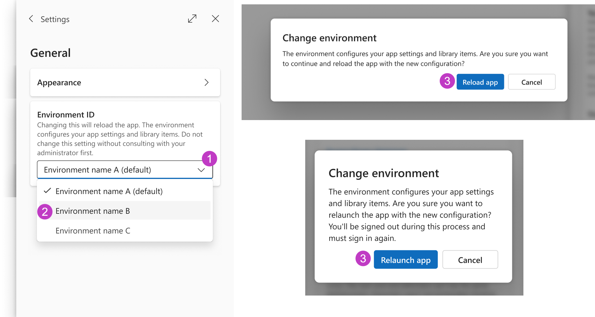 How to switch environments under Settings > General