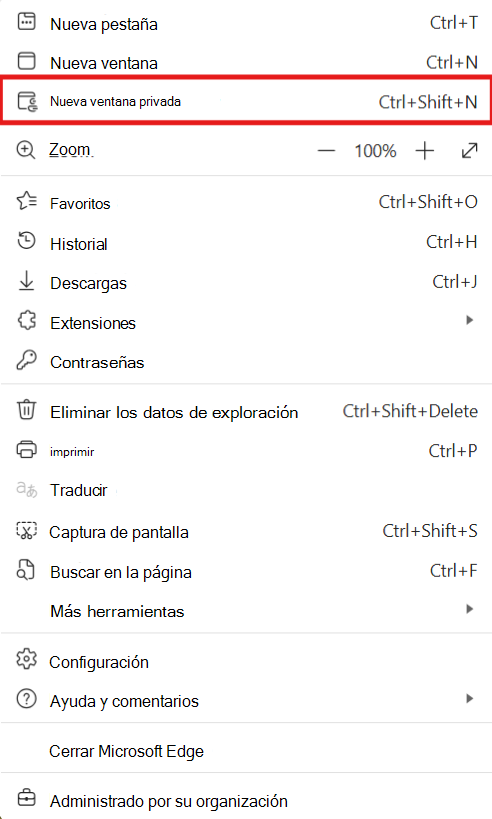 Captura de pantalla de Edge para abrir la ventana de InPrivate.