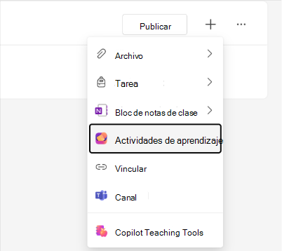 Captura de pantalla de la opción Actividades de aprendizaje en el menú del módulo Trabajo en clase.