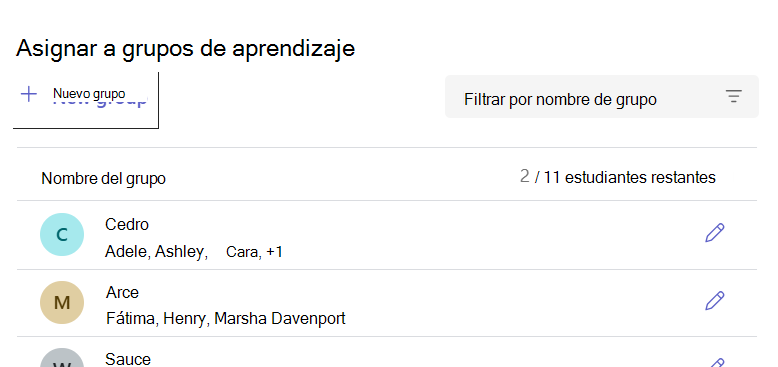Lista de grupos de aprendizaje que muestra los grupos con nombre y el número de alumnos de cada grupo.