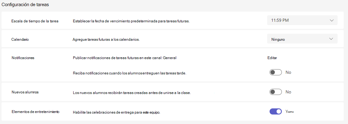 Captura de pantalla de la configuración de tareas.
