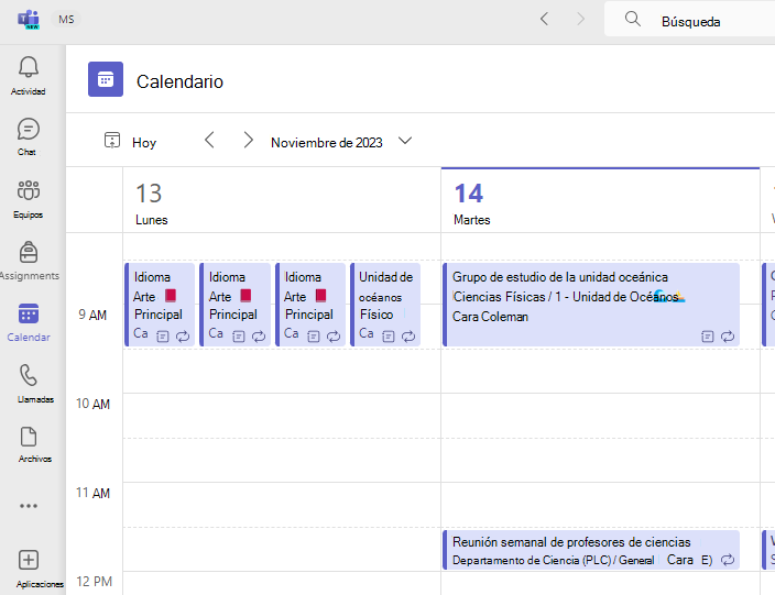 Captura de pantalla del calendario.