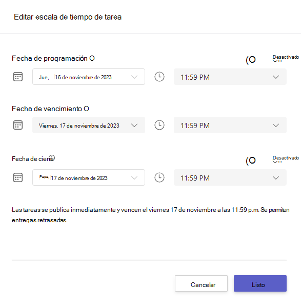 Captura de pantalla que muestra la escala de tiempo de edición de tareas