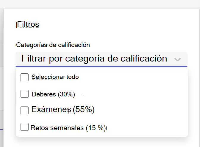 Muestra categorías de calificación expandidas en la lista de tareas.