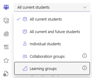 Cuadro de diálogo que muestra grupos de colaboración para trabajo compartido y grupos de aprendizaje para trabajo individual.