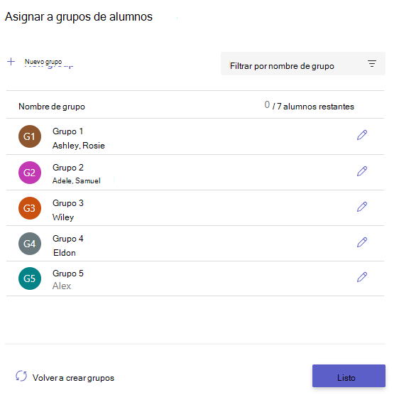 Captura de pantalla de grupos creados.