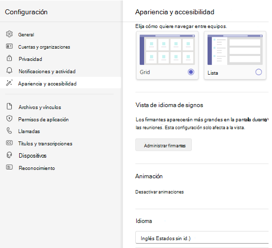 Captura de pantalla de selección de idioma.