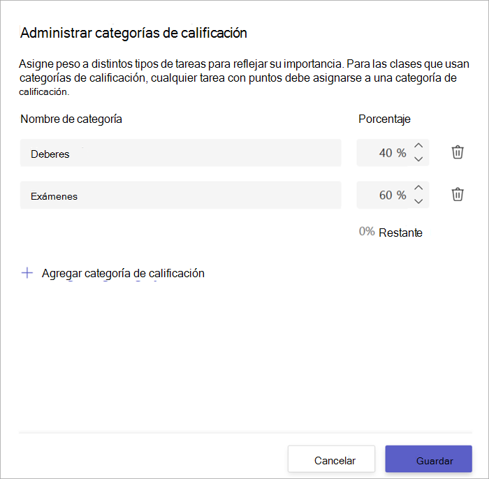 captura de pantalla de la ventana de categorías de calificación que muestra 2 categorías, tarea para el 40% y exámenes para el 60%