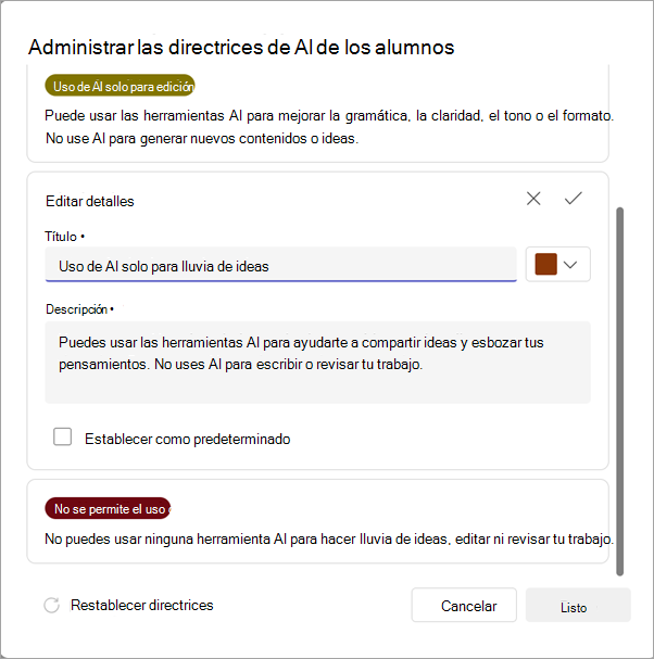 Captura de pantalla de opciones para administrar las directrices de ai.