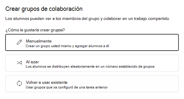 Elija agrupar a los alumnos de forma aleatoria o manual