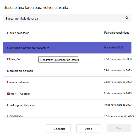 Captura de pantalla de la búsqueda de una tarea para volver a usarla.