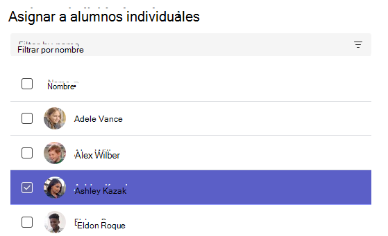 Captura de pantalla de la asignación a alumnos individuales.