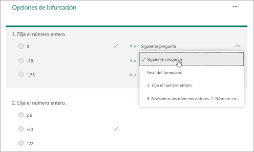 Captura de pantalla de selección de una pregunta a la que ramificar.