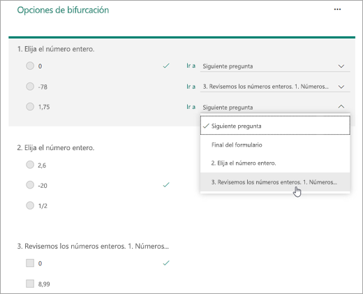 Captura de pantalla de preguntas de bifurcación.