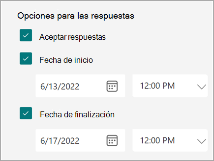 Captura de pantalla de la configuración del formulario o cuestionario donde los usuarios pueden establecer una fecha de inicio y finalización para las respuestas.