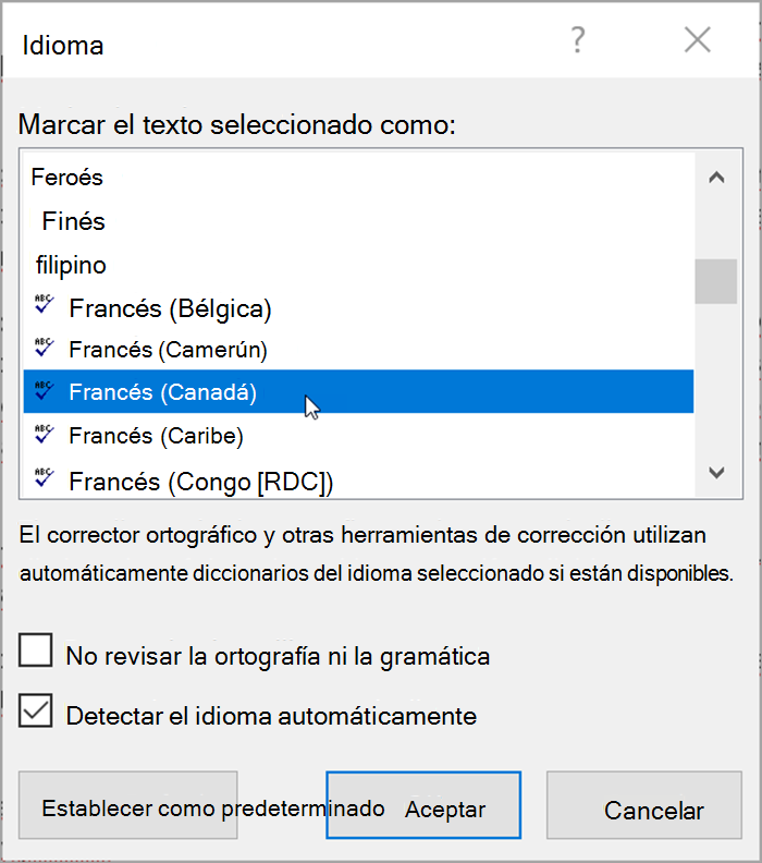 Captura de pantalla de Word. Listas emergentes de idiomas que se pueden seleccionar. Detectar el idioma automáticamente está activado.