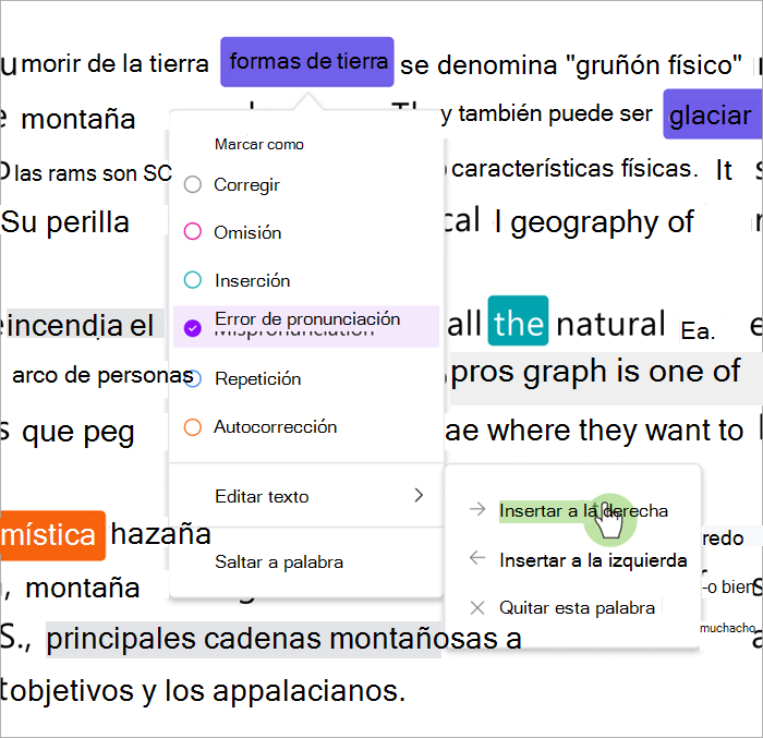 Captura de pantalla del panel de revisión del progreso de lectura que muestra cómo insertar palabras a la derecha o izquierda de una palabra seleccionada
