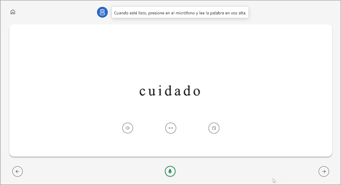 vista de pantalla completa de los alumnos que leen la página del entrenador. la palabra se muestra cuidadosamente con botones para reproducirla, estirar la palabra o ver una imagen debajo. un micrófono verde está en la parte inferior central de la página.