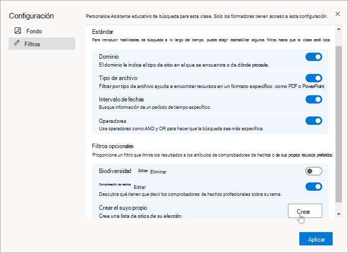 Captura de pantalla de la sección de filtros en configuración con un mouse seleccionando crear por su cuenta
