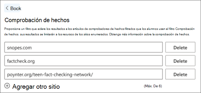 Captura de pantalla de la opción de comprobación de hechos en la configuración. Se muestran tres sitios predeterminados de comprobación de hechos: se pueden eliminar y se pueden agregar otros para satisfacer las necesidades de los profesores.