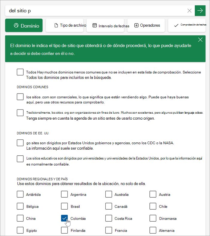 Captura de pantalla de la lista de dominios de País y Región después de hacer clic en más.