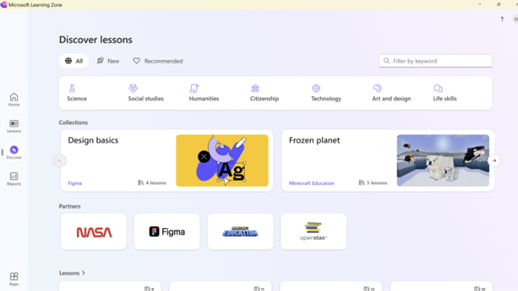 Captura de pantalla que muestra el cuadro de diálogo Descubrir lecciones
