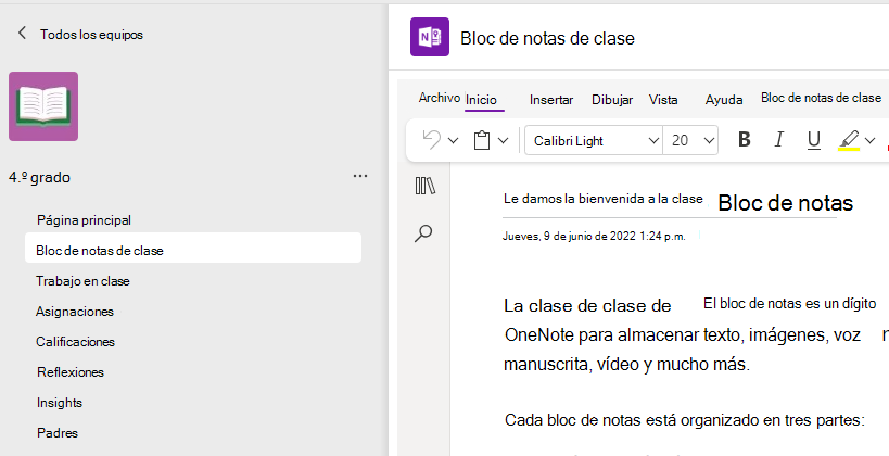 Captura de pantalla de la configuración del bloc de notas de clase.