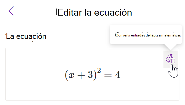 captura de pantalla del panel de asistente matemáticas en OneNote. Un cursor se desplaza sobre el botón entrada de lápiz a texto.